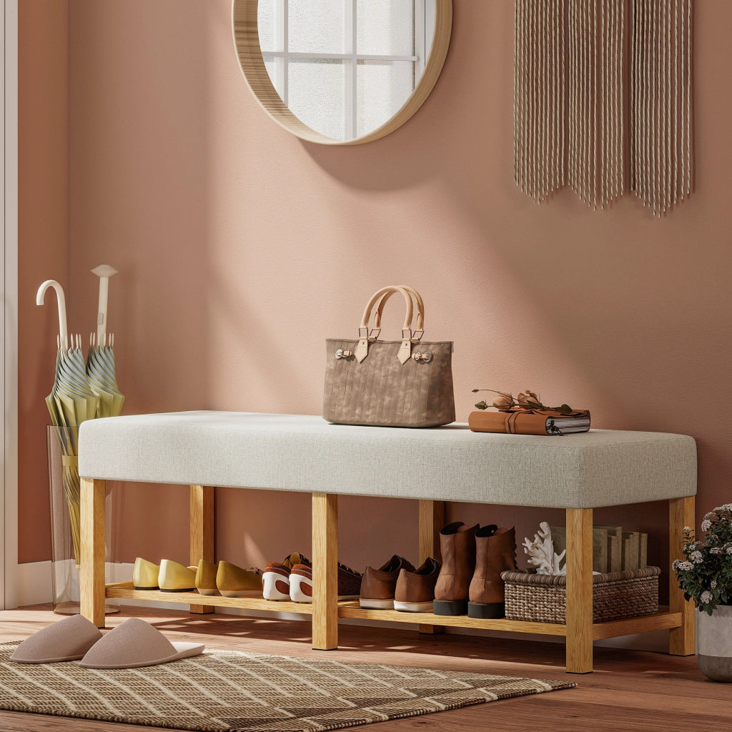 Sedia da pranzo imbottita con schienale e gambe in legno ¨C Zephmum ¨C Crema e legno naturale 140x44x48 cm
