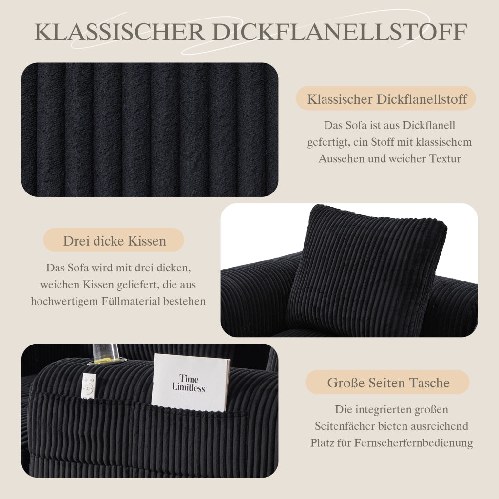 Divano modulare in corduroy con tasche laterali e portabicchieri, cuscini inclusi per soggiorno e studio, nero
