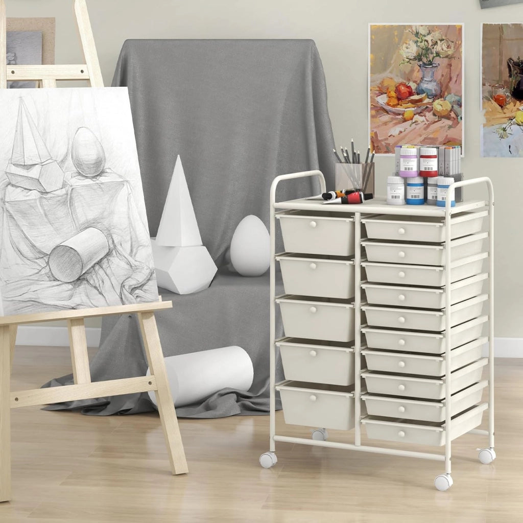 Carrello con 15 Cassetti Impilabili, Carrello di Stoccaggio con Ruote, Carello Portaoggetti per Casa e Ufficio, 62,5 x 37 x 87 cm (Bianco)