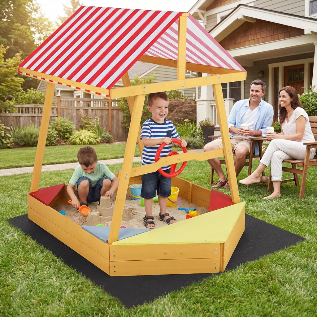 Sabbiera per Bambini in Legno Massello, Sabbionaia con Tetto Parasole, Panca Sedile e Fodera, Forma di Barca, per Esterno, Spiaggia, Cortile e Giardino, 135x103x140 cm
