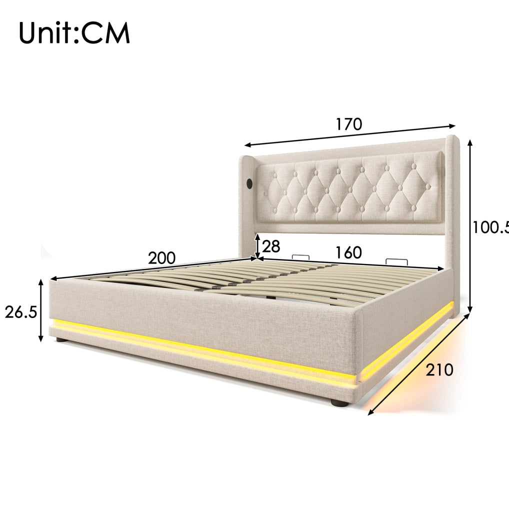 Letto contenitore 160x200 cm con materasso, LED, USB e USB-C in cotone beige