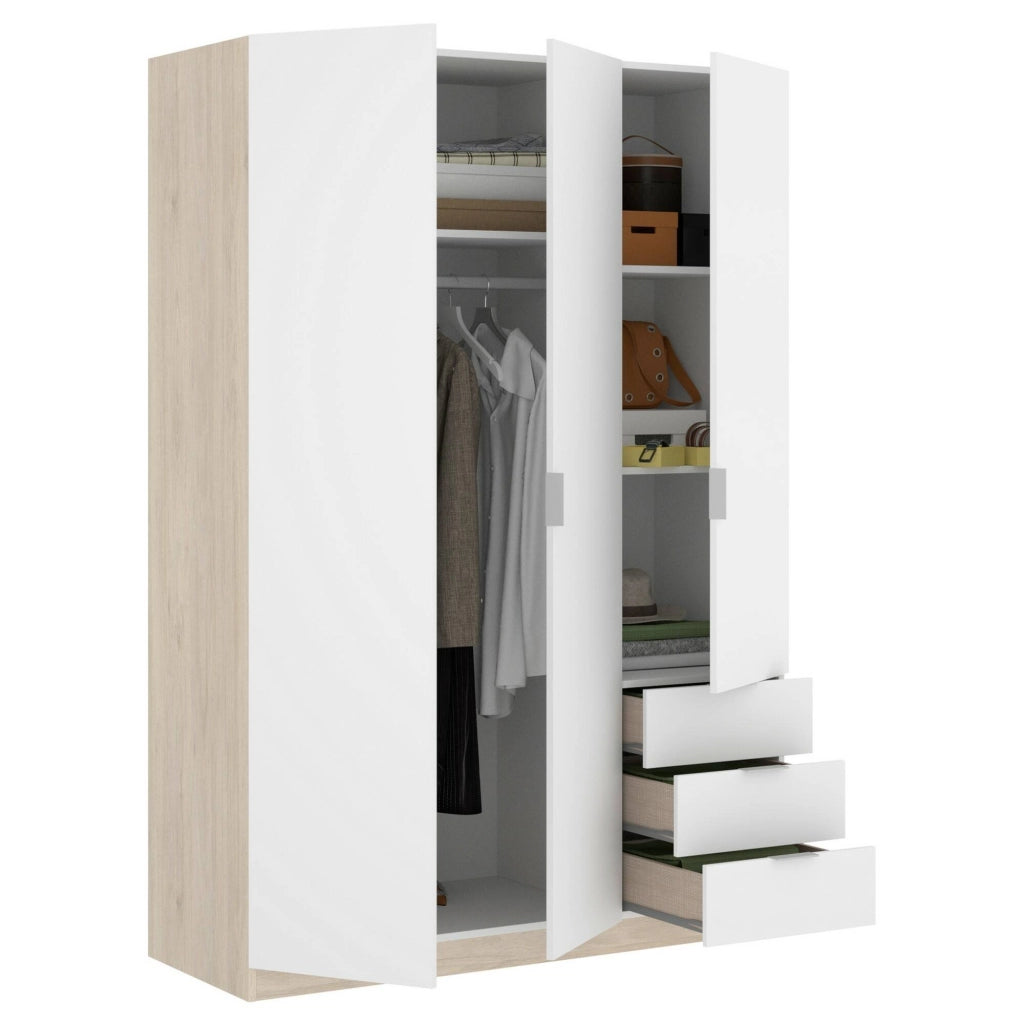 Guardaroba Astru, Mobile appendiabiti per camera da letto, Armadio a 3 ante battenti e 3 cassetti, 121x52h184 cm, Bianco e Rovere