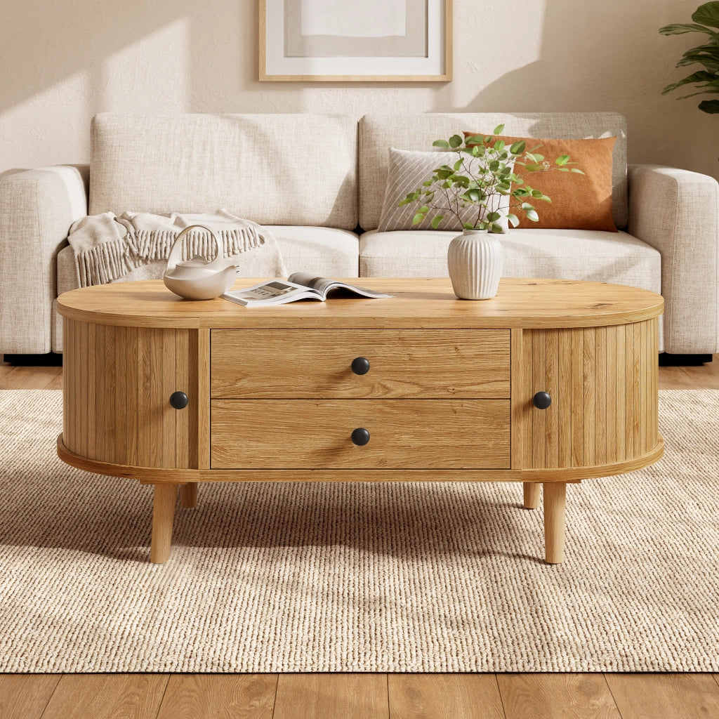 Tavolino da Salotto Ovale con 2 Cassetti e Ante Scorrevoli in MDF ¨C MINIMAL