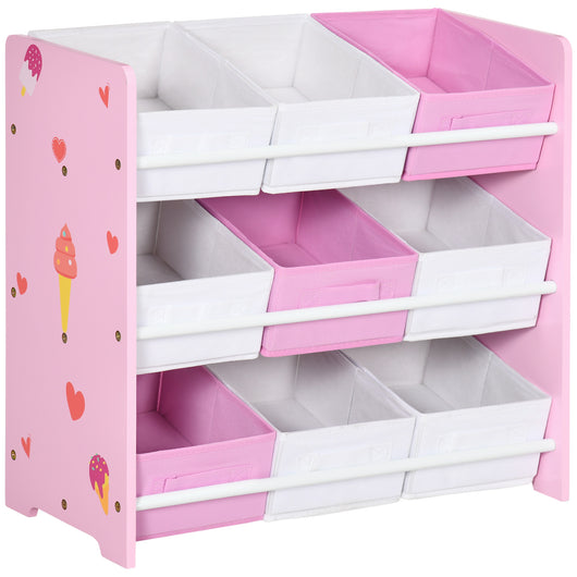 Scaffale Portagiochi per Bambini 63x30x60 cm con 9 Cestini in Tessuto in MDF Rosa e Bianco
