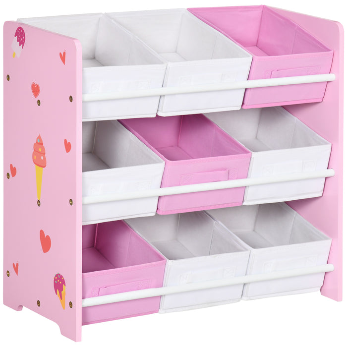 Scaffale Portagiochi per Bambini 63x30x60 cm con 9 Cestini in Tessuto in MDF Rosa e Bianco
