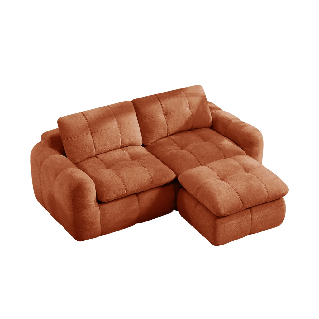 Divano modulare 2 posti con pouf; in chenille arancione; 194 × 160 × 68 cm