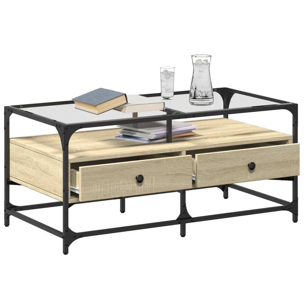 Tavolino da salotto | Tavolino da caff¨¨ | Tavolino da Soggiorno con Piano in Vetro Rovere Sonoma 98,5x50x45 cm Acciaio