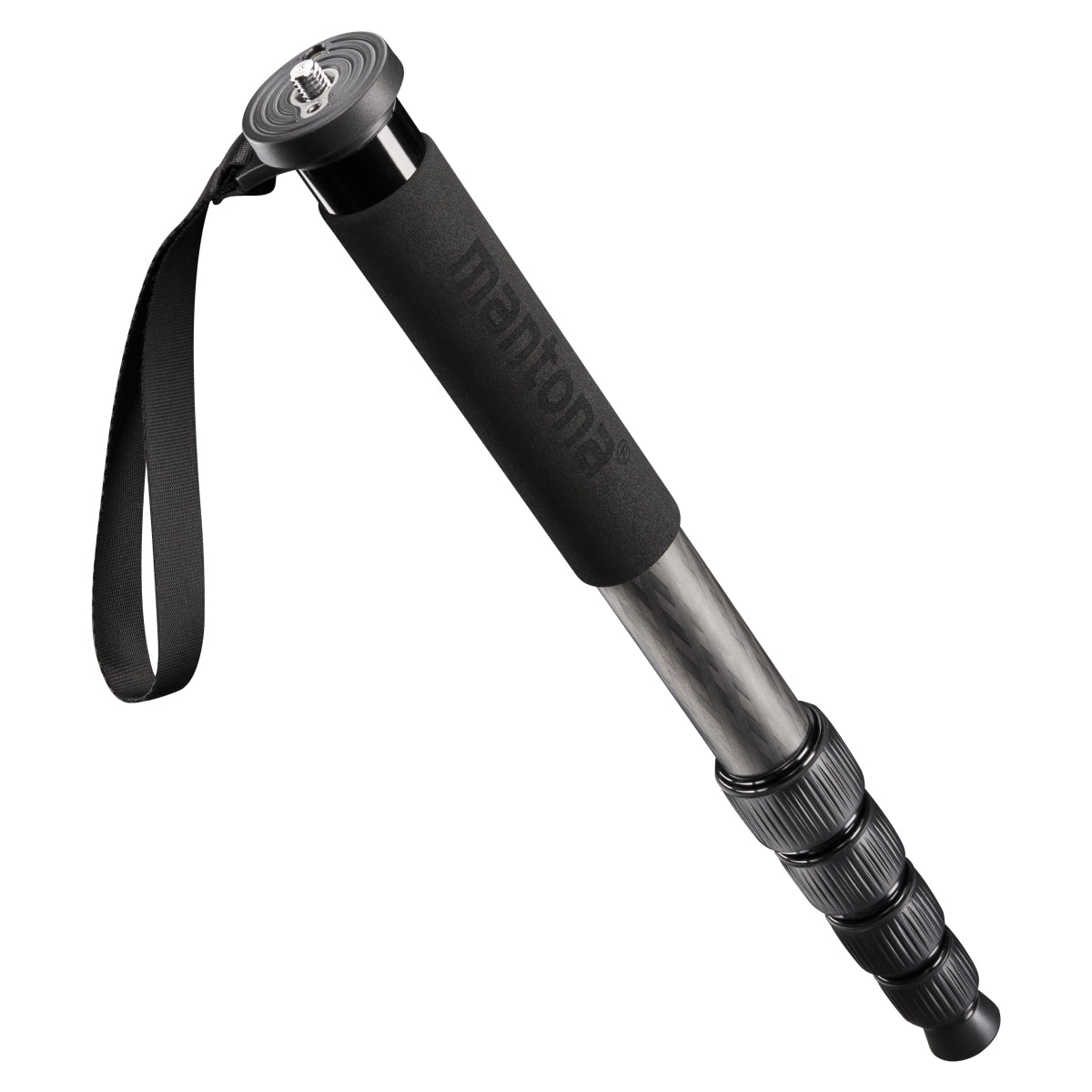 mantona Pro One monopiede in fibra di carbonio ultraleggera I altezza regolabile da 44 cm a 165 cm I pratico rivestimento in schiuma e cinghia da polso con accessori I colore: nero