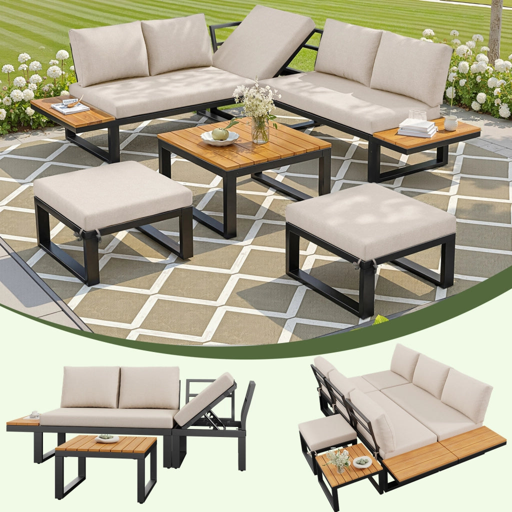 Set Divano Angolare da Giardino 6 pezzi con Tavolino ¨C MINIMAL ¨C Acciaio, Cuscini Grigio/Beige, Schienale Regolabile