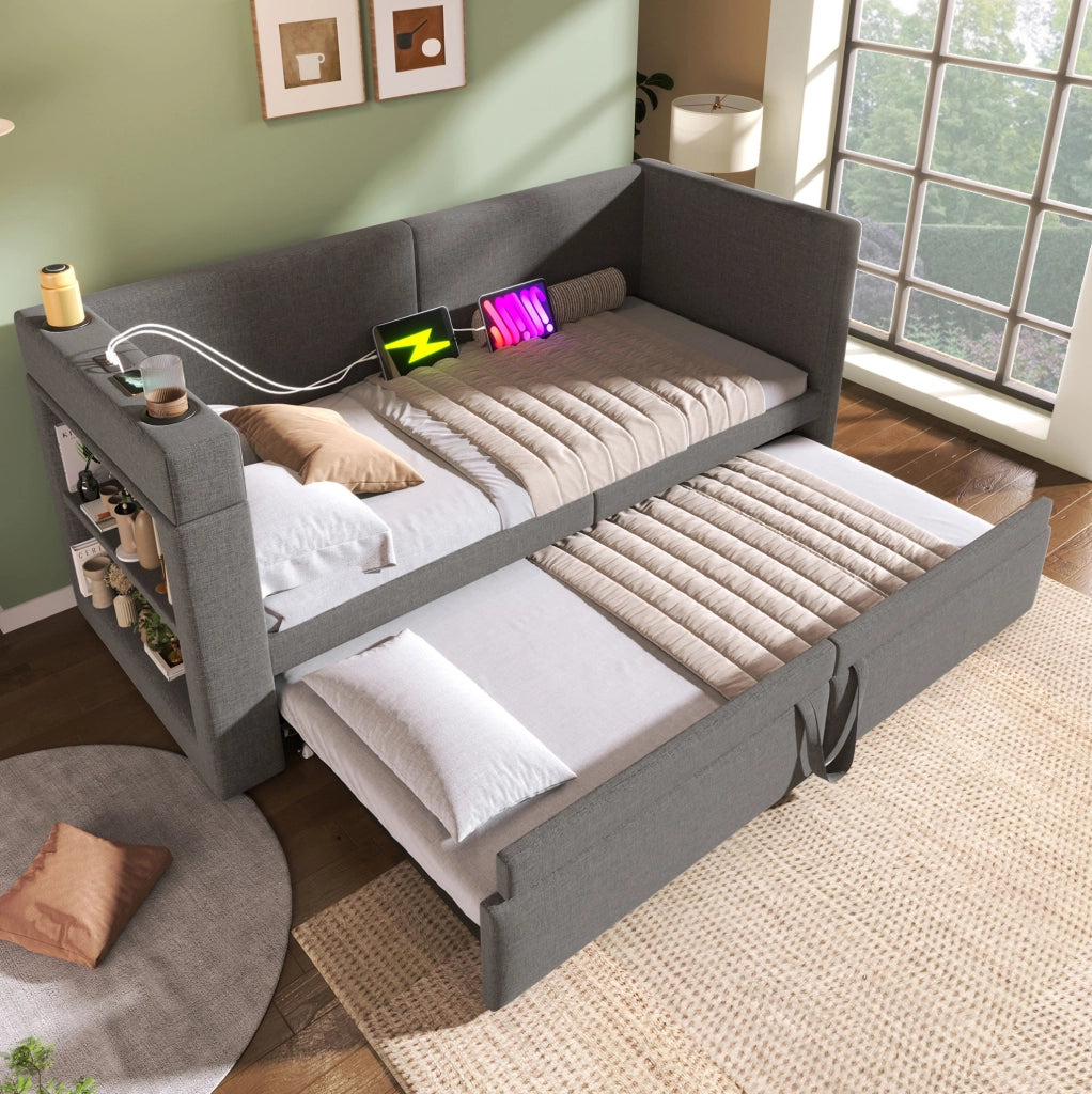 Divano letto ULEVR 90x200 cm con letto estraibile, USB, Type-C e portabicchieri, grigio