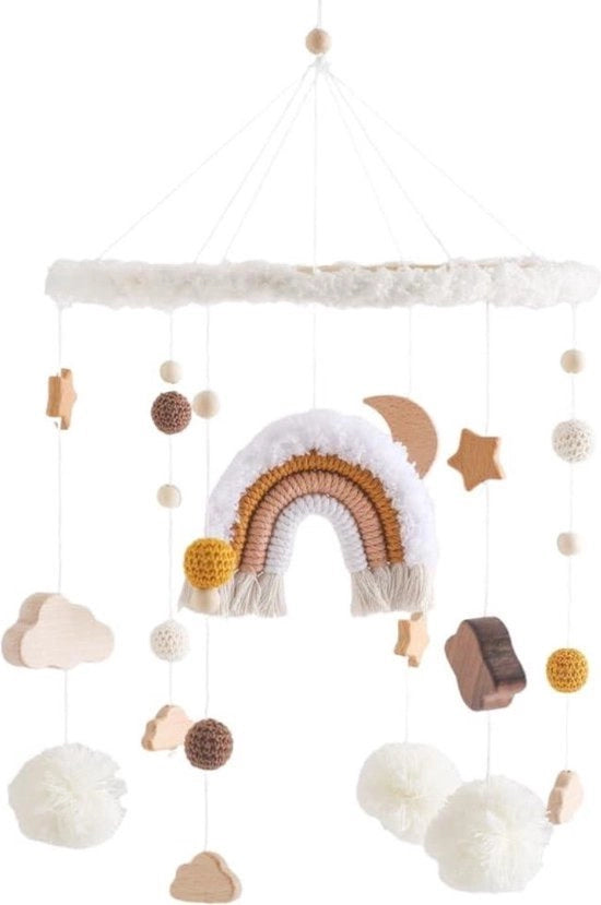 Mobili per bambini con musica, letto a sbarre in legno, palline di velluto, campanello del vento, rammella, tenda per la culla, camera da letto per bambini, letto a baldacchino, mobili per bambini con musica per ragazze e ragazzi, colore miele