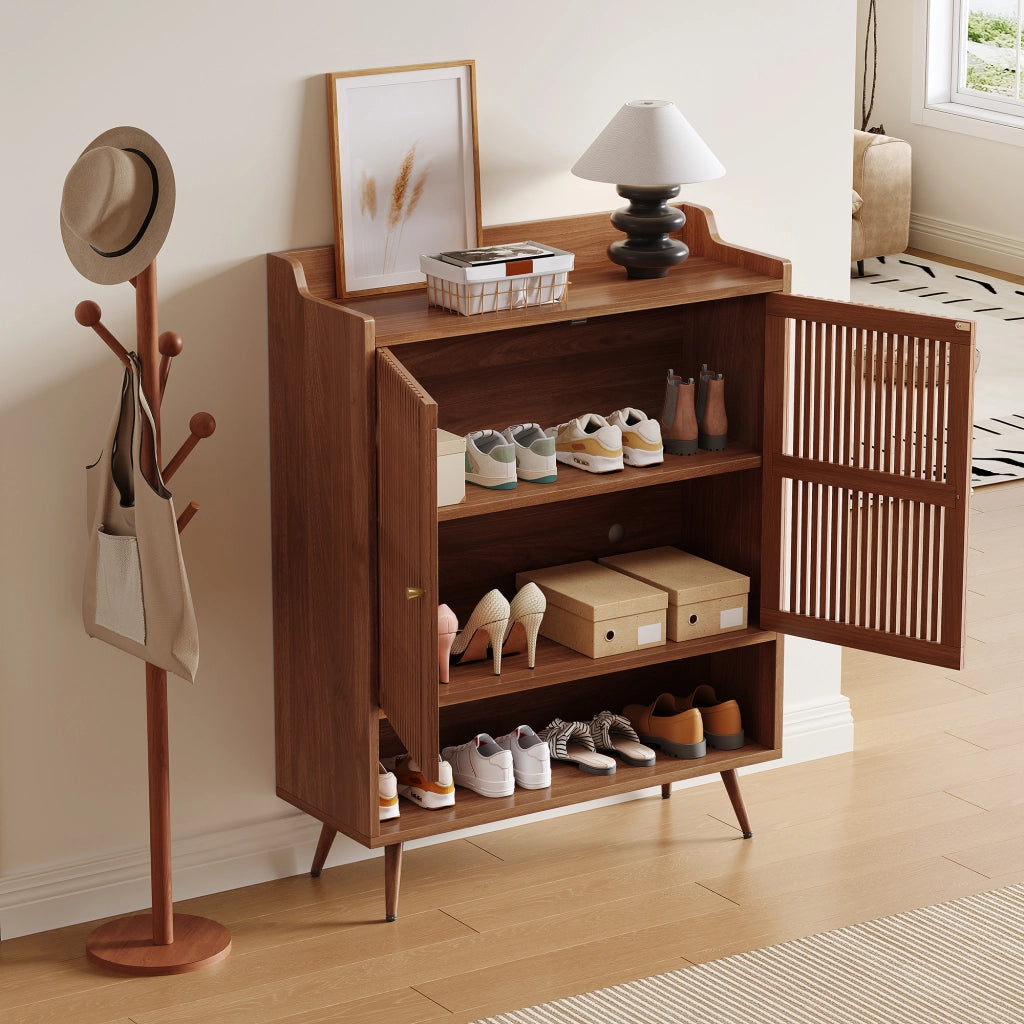 Scarpiera con 2 ante e vano aperto, ripiano fisso, per ingresso, in MDF e pino, noce, 80 × 35 × 105 cm