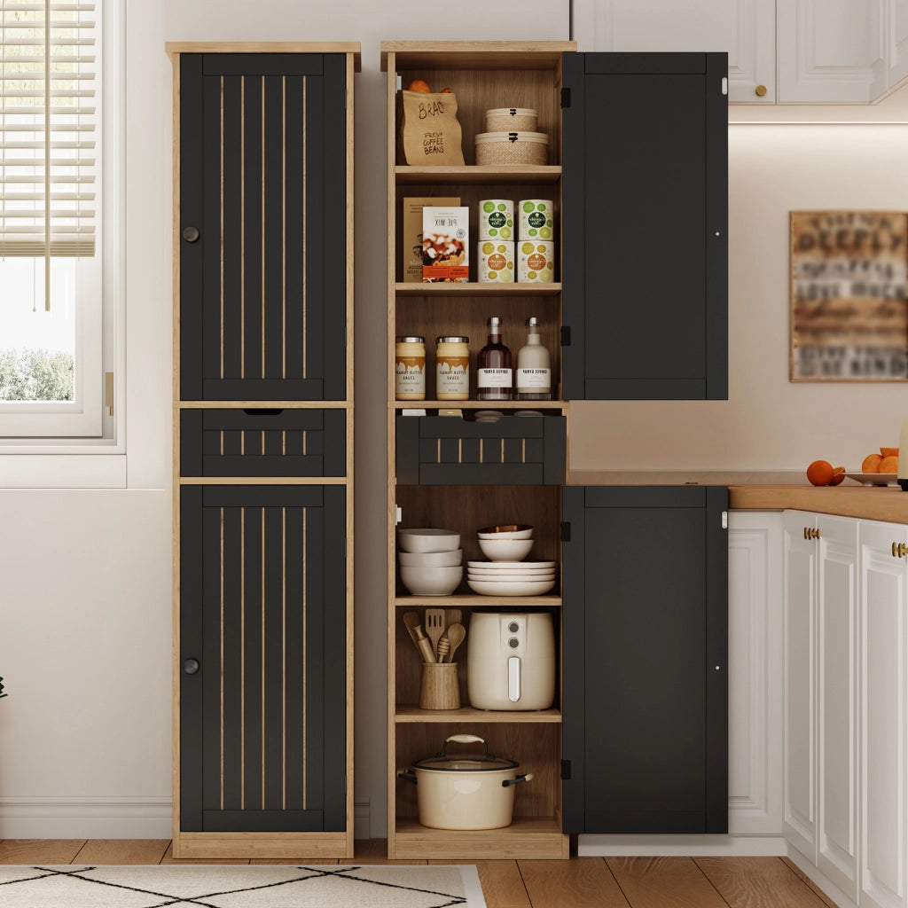 Credenza da cucina 170×40×30 cm in MDF con 2 ante, 1 cassetto e ripiani interni regolabili, colore Natural+Black