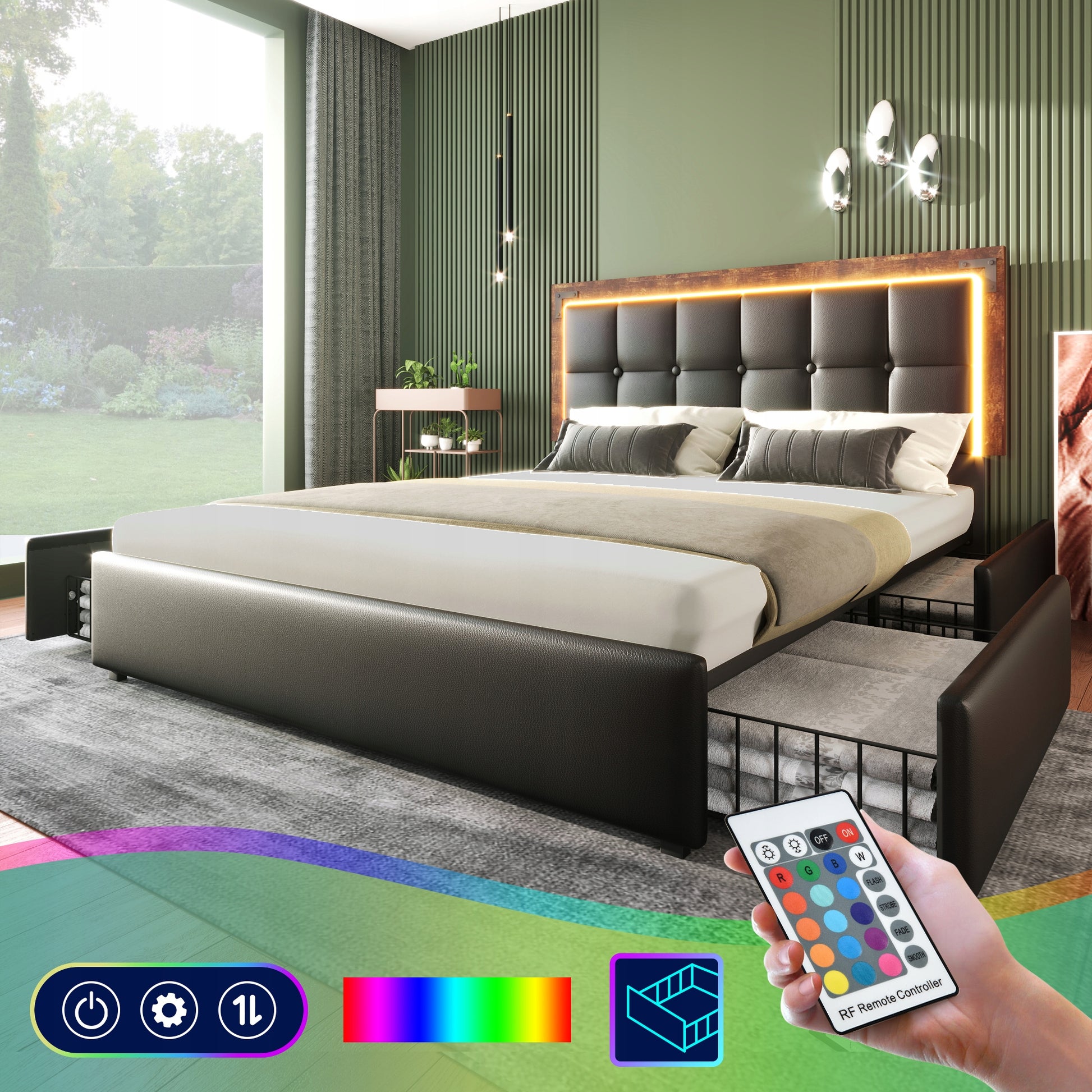 Letto imbottito 160x200 con LED e armadio, nero (con materasso) - Xylo
