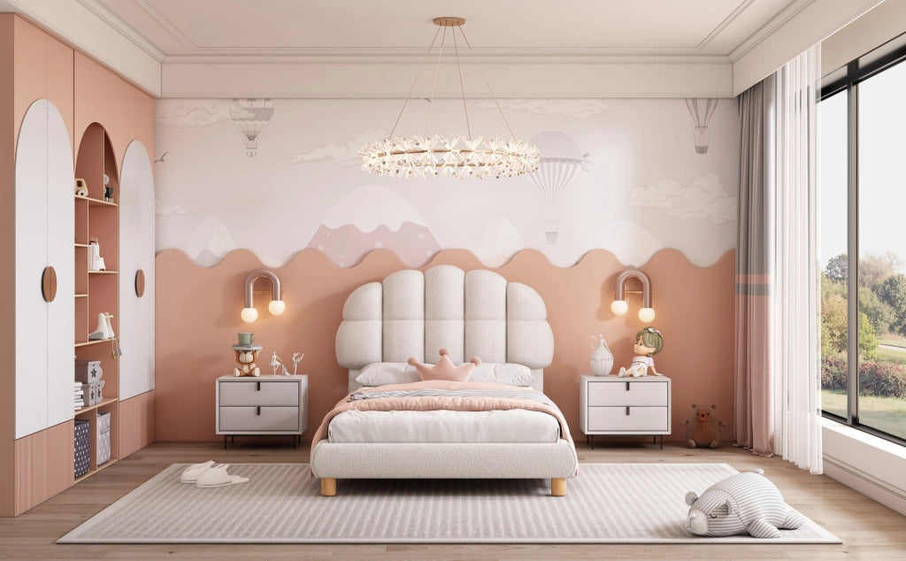 Letto singolo imbottito per bambini e ragazzi 90x200 cm con rete a doghe in legno, colore bianco