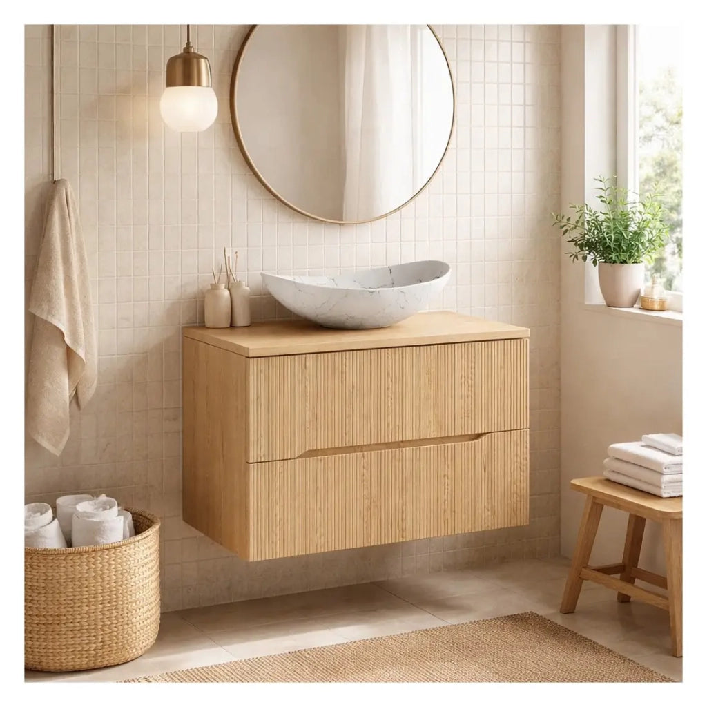 Set da bagno NATURA 80cm: mobile sottolavabo + piano per lavabo + lavabo da appoggio asimmetrico bianco marmorizzato