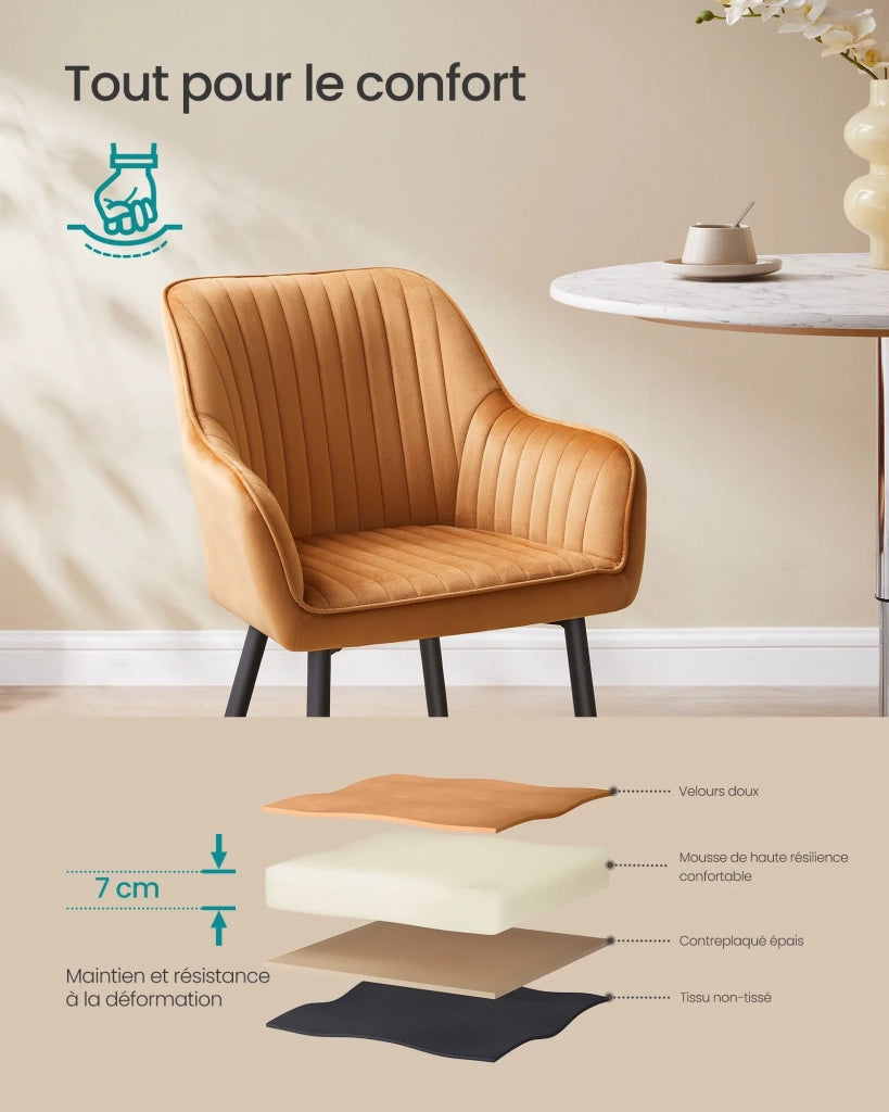 Sedia da pranzo poltrona seduta imbottita con braccioli larghezza seduta 49 cm gambe in metallo rivestimento in velluto portata 110 kg per soggiorno o camera da letto marrone 12_0004908