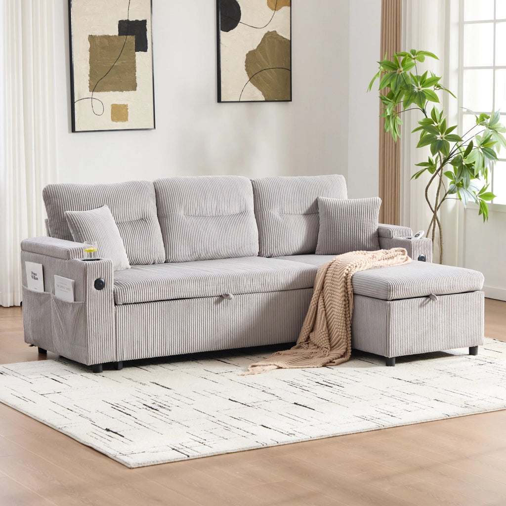 Divano 3 posti in tessuto corduroy con contenitore, USB-C, chaise longue idraulica e letto estraibile