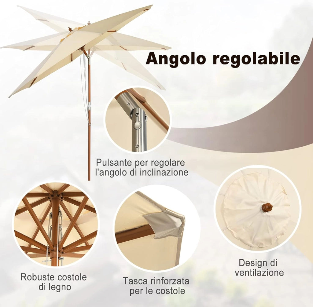 Ombrellone da Giardino, Con Struttura di Legno a Carrucola, Inclinazione Regolabile, Per Giardino,Cortile, Piscina e Bar, Beige (2,7 m)