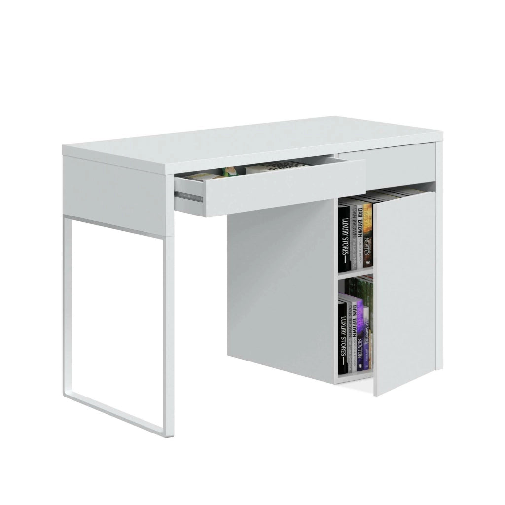 Scrivania Arica, Scrittoio reversibile con 2 cassetti e 1 anta, Tavolo da studio o ufficio porta PC,cm 108x50h75, Bianco
