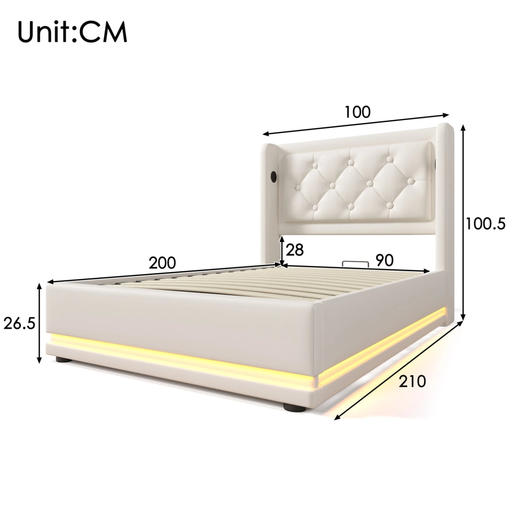 Letto singolo imbottito con contenitore 90x200 cm in PU bianco; LED e USB Type-C