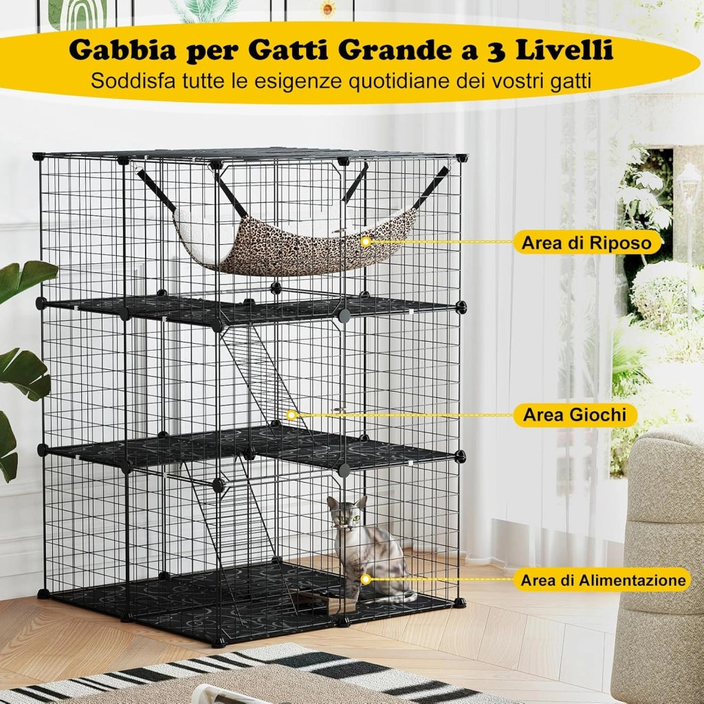 Gabbia per Gatti a 3 Piani in Metallo e PP, Torre per Animali con Amaca Comoda, Scale, Porte e Finestra, Recinto in Filo Metallico per Furetti, Conigli e Cani (74 x 74 x 107,5 cm)