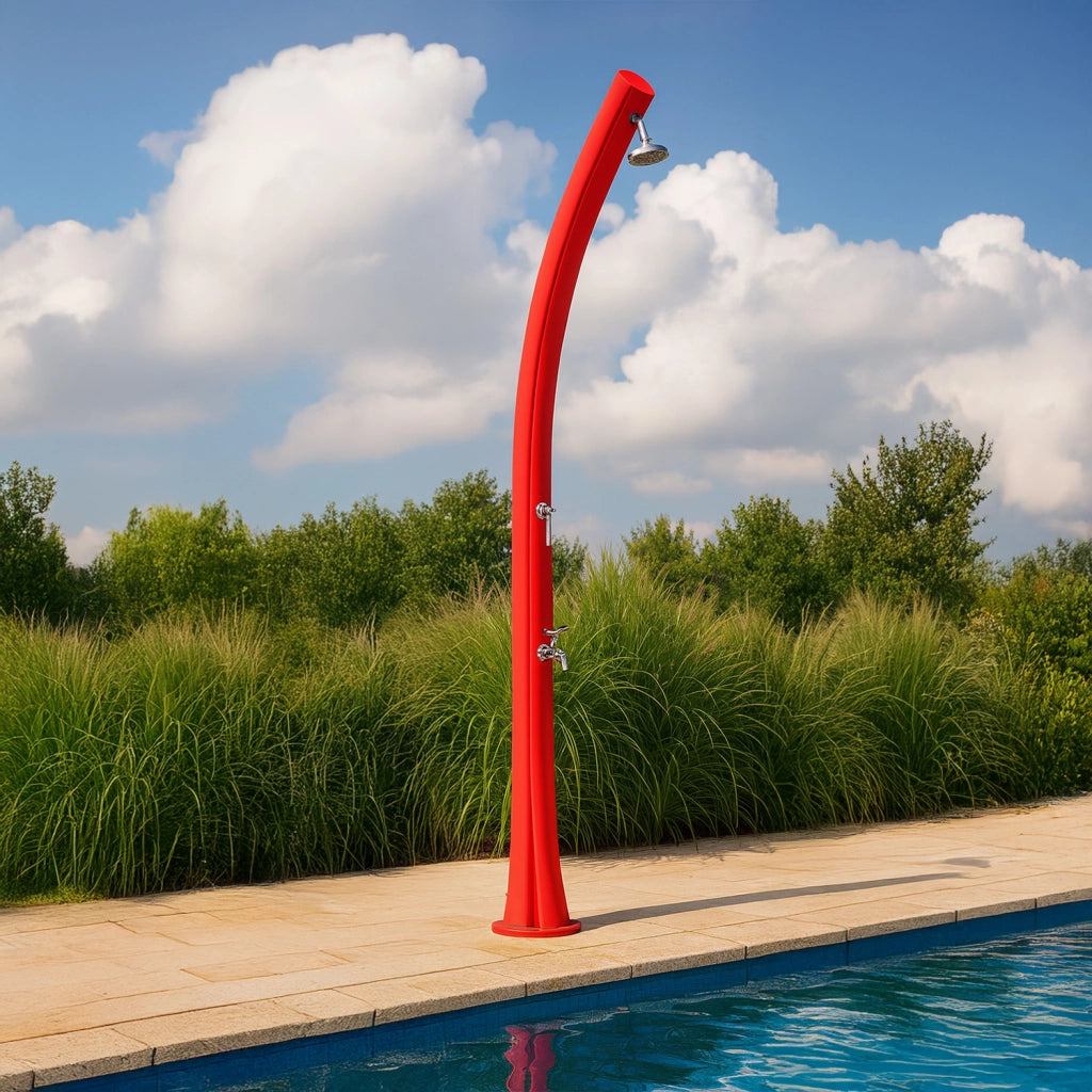 Colonna Doccia Ecologica Rossa in Polietilene HD con Serbatoio da 25 Litri e Lavapiedi per Giardino e Piscina STARMATRIX RIO RED