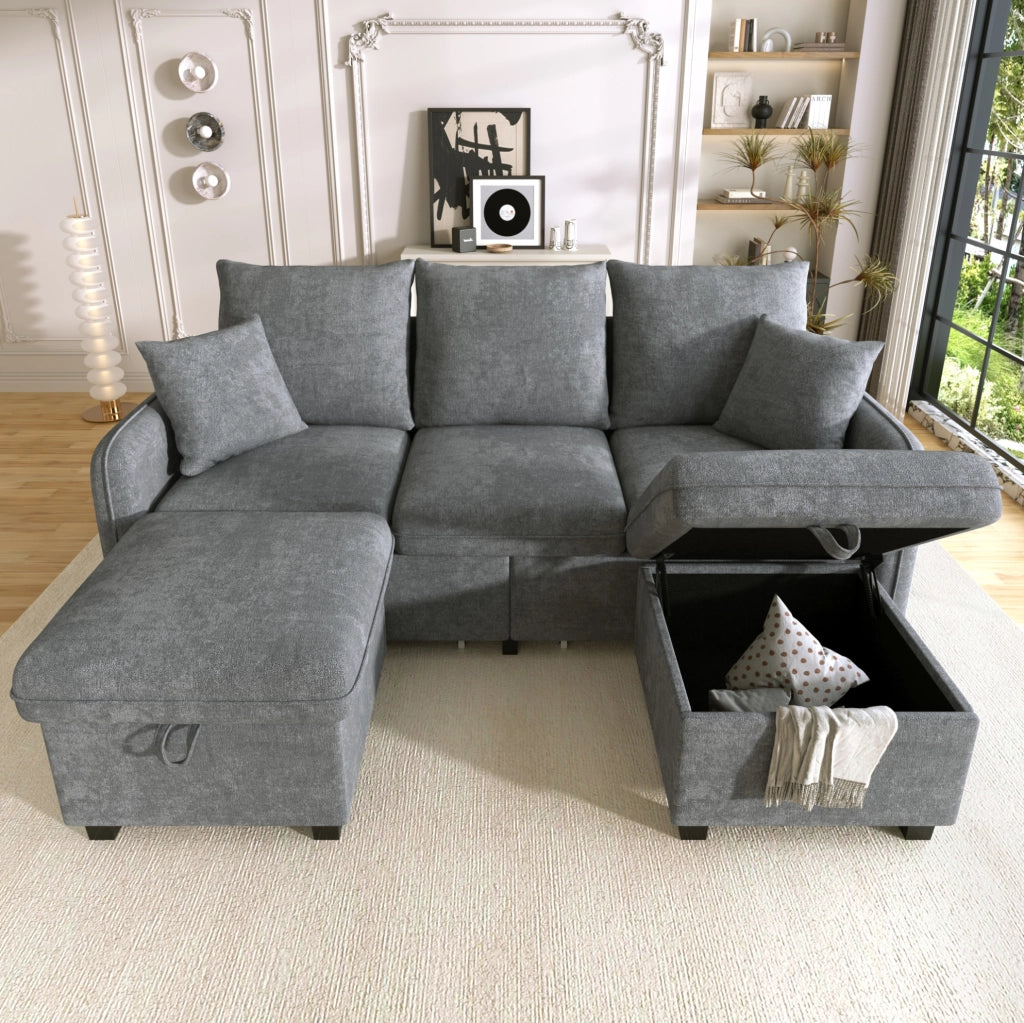 Divano angolare modulare 3 posti con 2 pouf contenitore 188x186x86 cm in chenille grigio scuro