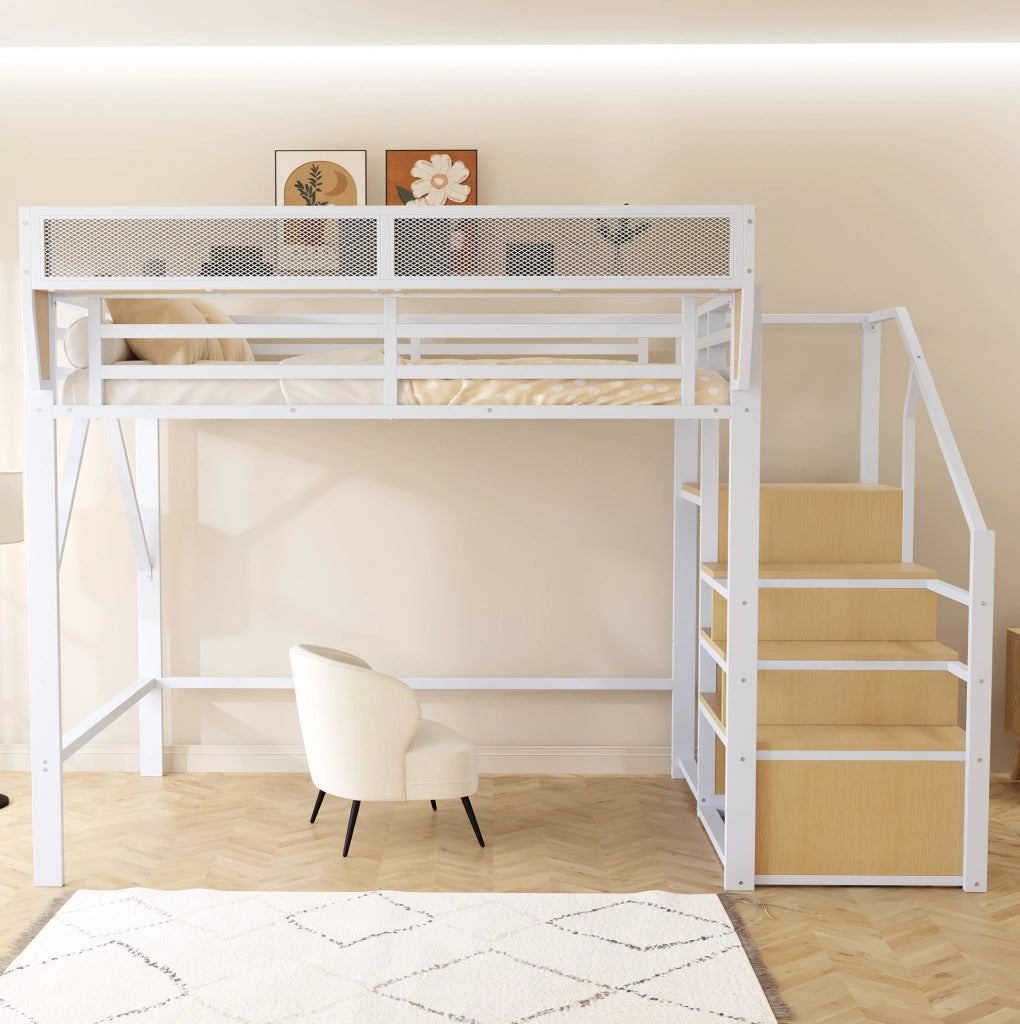 Letto a soppalco 140x200 cm bianco in metallo; scala di sicurezza