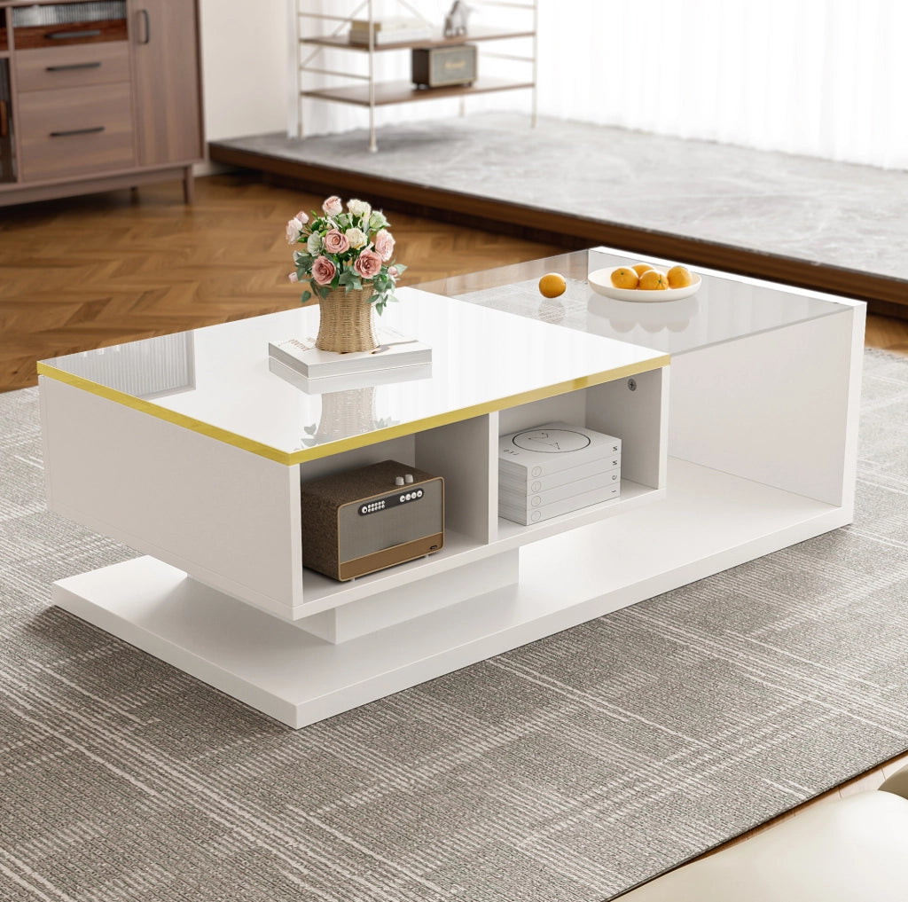 Tavolino da caffè moderno 100x50 cm in pannello truciolare bianco lucido con vetro e LED