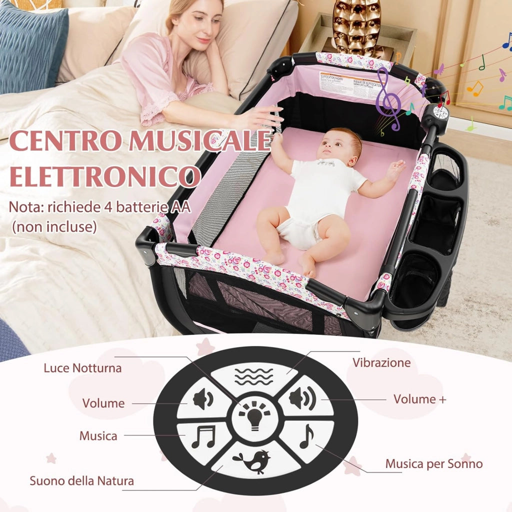 4 in 1 Lettino da Campeggio con Fasciatoio, Lettino Pieghevole per Bambini con Materasso, Centro Neonati con Culla, Box Musicale, Cappottina Regolabile, Borsa da Viaggio (Fiore Grande)