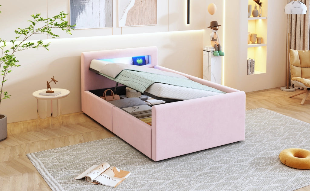 DESMIU Letto per Bambini 1 Posto con Contenitore Idraulico, USB, LED e Mensola 90 × 200 cm, Senza Materasso, Rosa