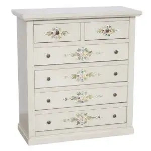 cassettiera cinquino in legno Shabby chic bianco anticato decorato a mano 4 + 2 larga
