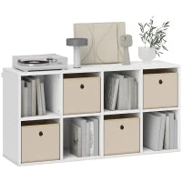 Libreria a Cubi con 8 Comparti e 4 Cassetti di Tessuto, 105,9x30x53,7 cm, Bianco e Beige
