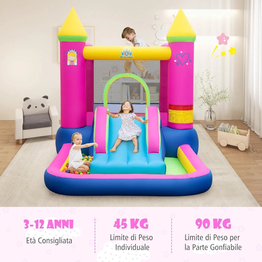 4-in-1 Castello Gonfiabile per Bambini, Castello a Tema Principessa con Scivolo, Area Salto, Canestro da Basket e Vasca per Palline, Giochi Gonfiabile per 3-12 Anni (Senza Soffiatore)