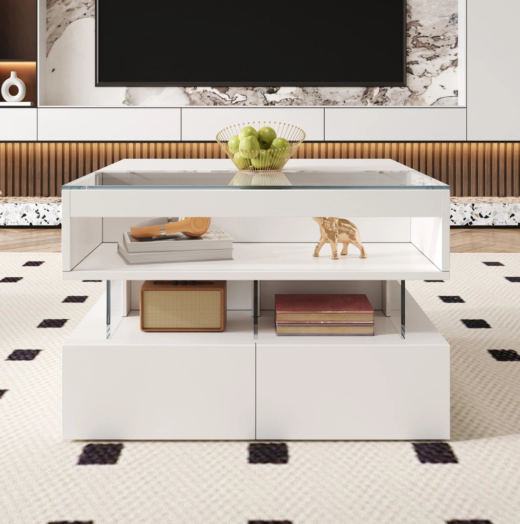 Tavolino da salotto con piano sollevabile 70 x 67 x 57 cm; LED 16 colori; vetro; bianco