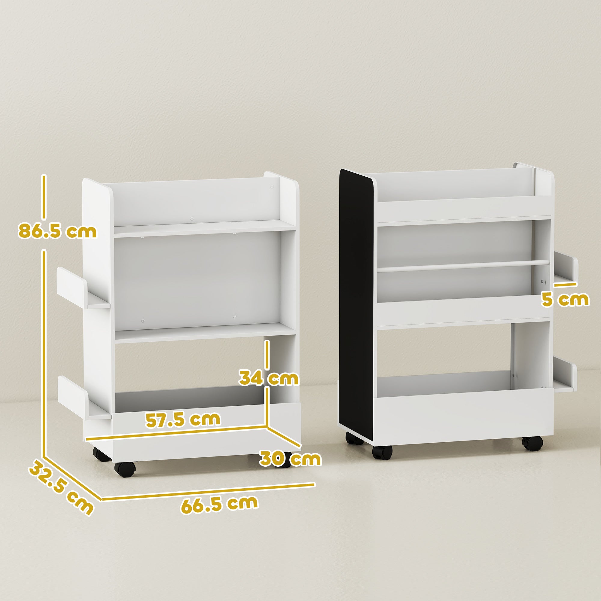 Libreria per Bambini 3-8 Anni  Scaffalea Due Lati Portagiochi con Ruote e Lavagna Nera in MDF Bianco