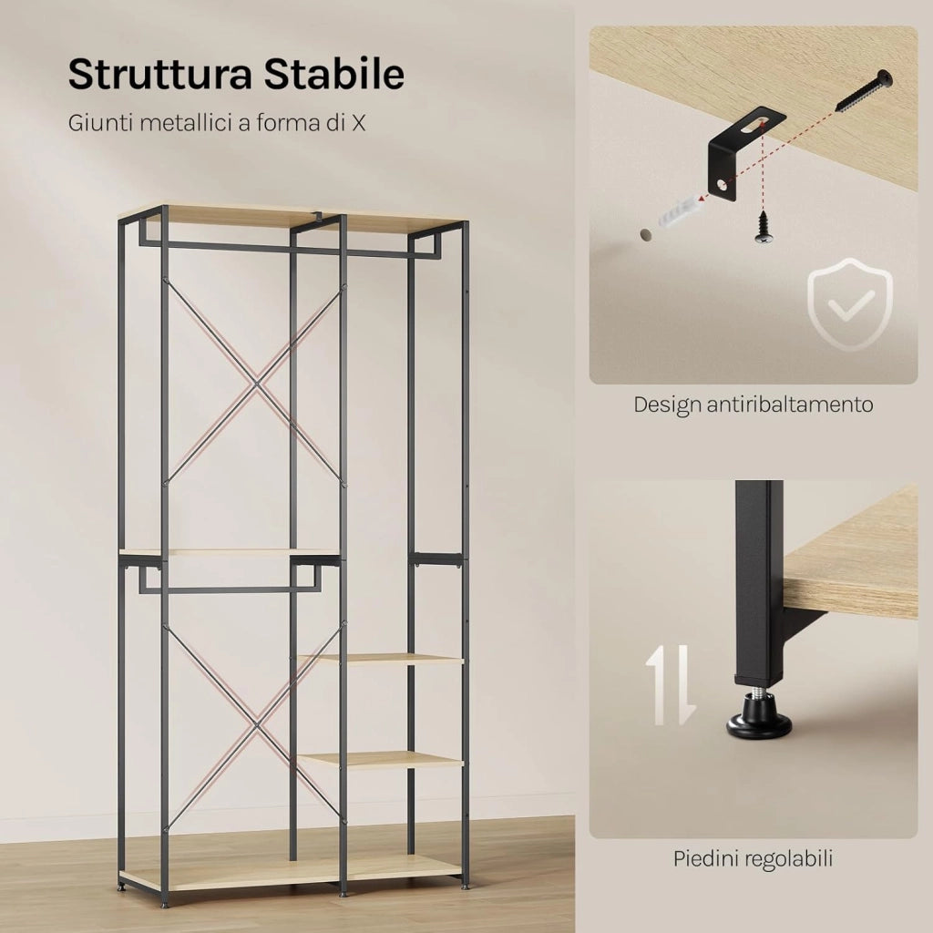 Stand Appendiabiti in MDF Attaccapanni Guardaroba Armadio Scaffale Porta Abiti Acciaio 90x40x204,5 cm