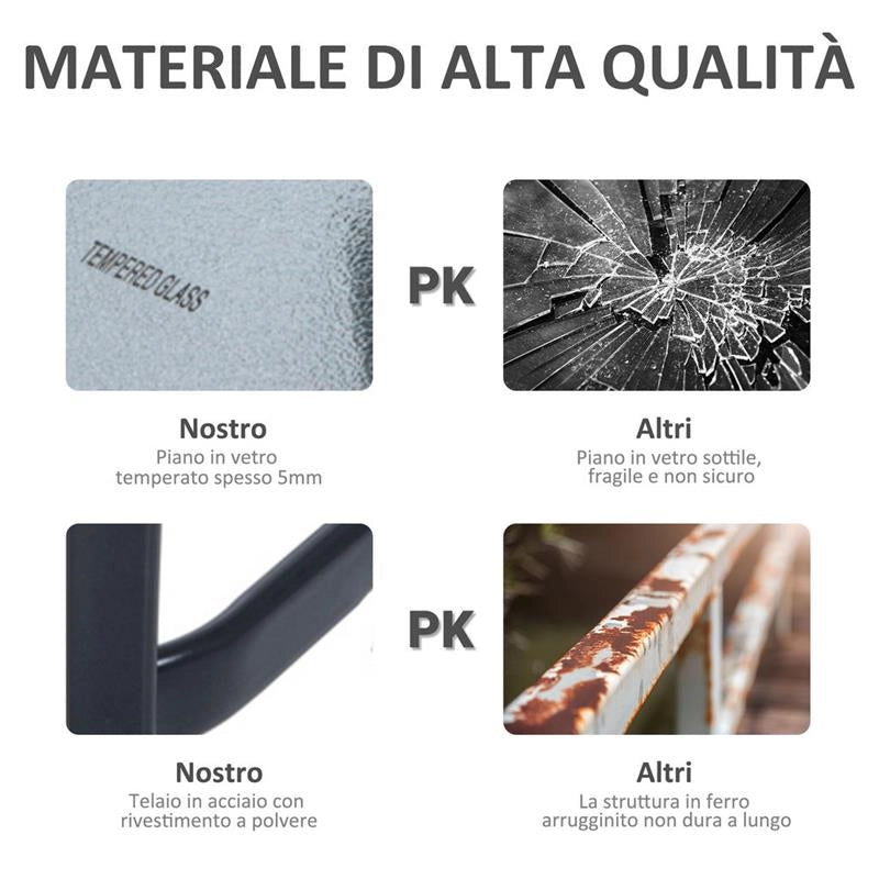TAVOLINO MODERNO PIANO IN VETRO TEMPERATO, TAVOLO DA GIARDINO ESTERNO METALLO 68.5X68.5X84CM GRIGIO