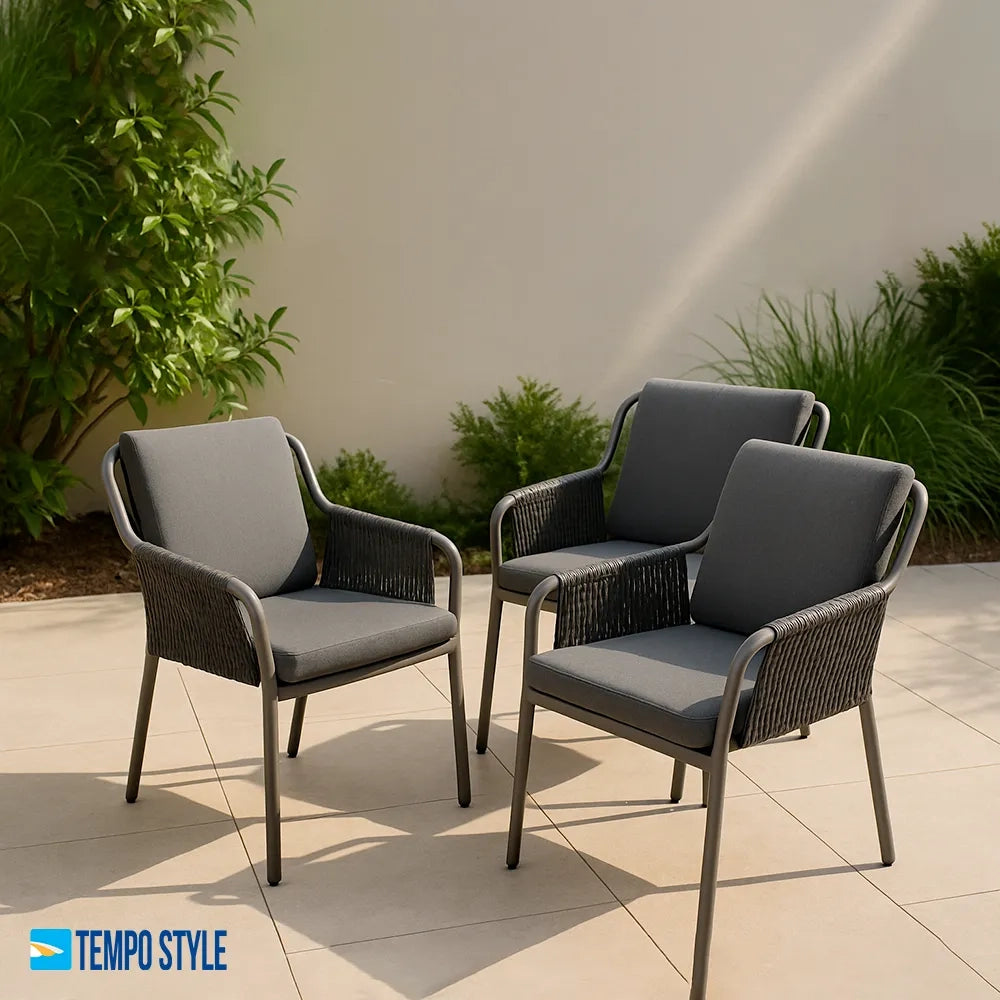 Tempo Style - Set 3 sedie da pranzo Pest | Sedie da giardino in corda per esterni | Con cuscini in poliestere per seduta e schienale, resistente alle intemperie