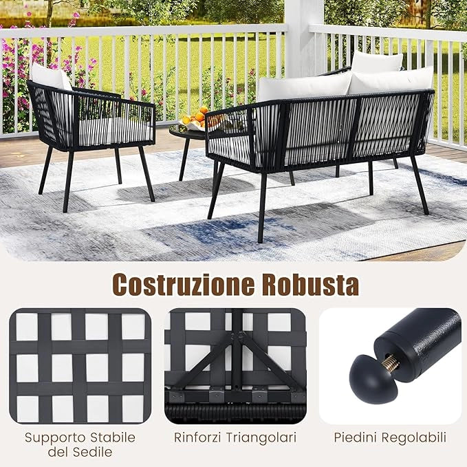 Set di 4 Pezzi in Corda PE da Giardino, Set Bistrò con Divano, Tavolino in Vetro Temperato, 2 Poltrone e Cuscini, Mobili da Giardino da Esterno per Cortile e Piscina