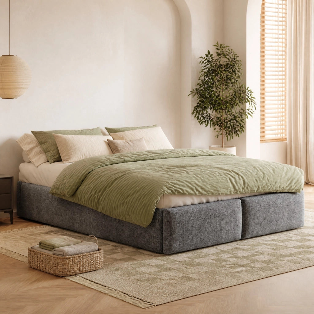 Letto imbottito 140x200 cm con contenitore idraulico e cassetti