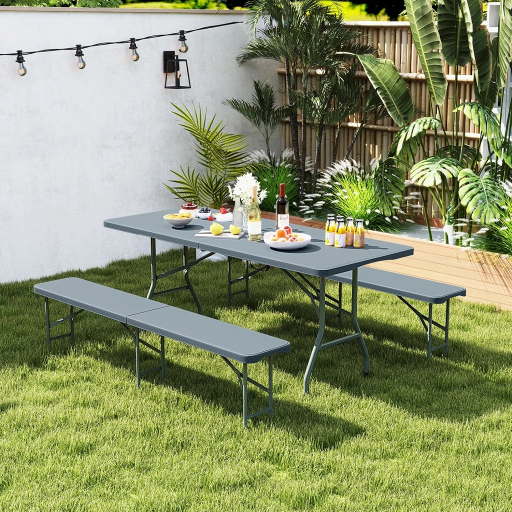 Panca Pieghevole in Plastica 180 cm, Sedile Portatile con Manico e Blocco, Panca da Campeggio in HDPE Rinforzato, per Giardino Campeggio Picnic, Portata 300 kg (Grigio)
