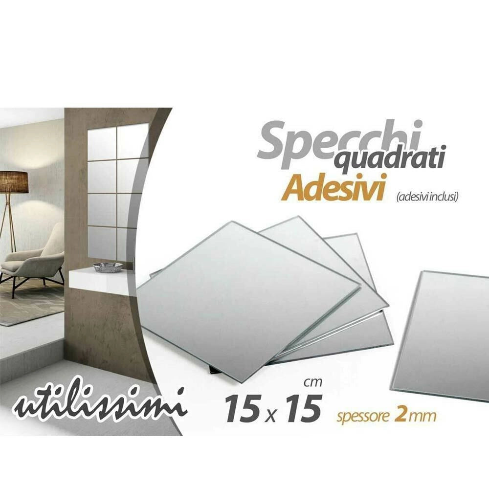 Set 8 Specchi Quadrati Mosaico Adesivi Specchio 15x15cm Decorazione Parete Casa