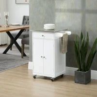 Carrello da Servizio per Cucina con Ruote Multi Stoccaggio, 1 Cassetto, Armadio Doppia Porta con Ripiano, Porta Strofinacci, MDF Bianco e Acciaio Inox