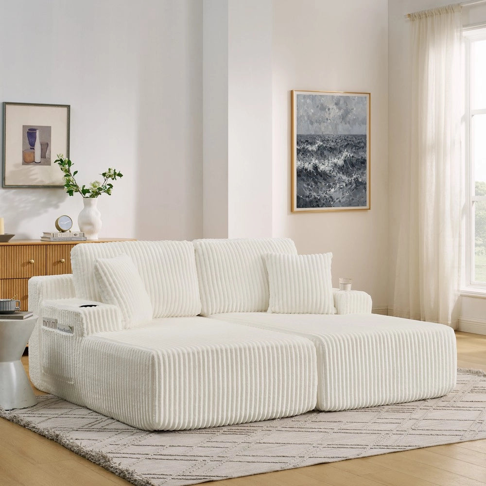 Divano Letto 2 Posti Relax ¨C Xylo ¨C Tessuto a Coste, Beige, con Cuscini e Poggiapiedi