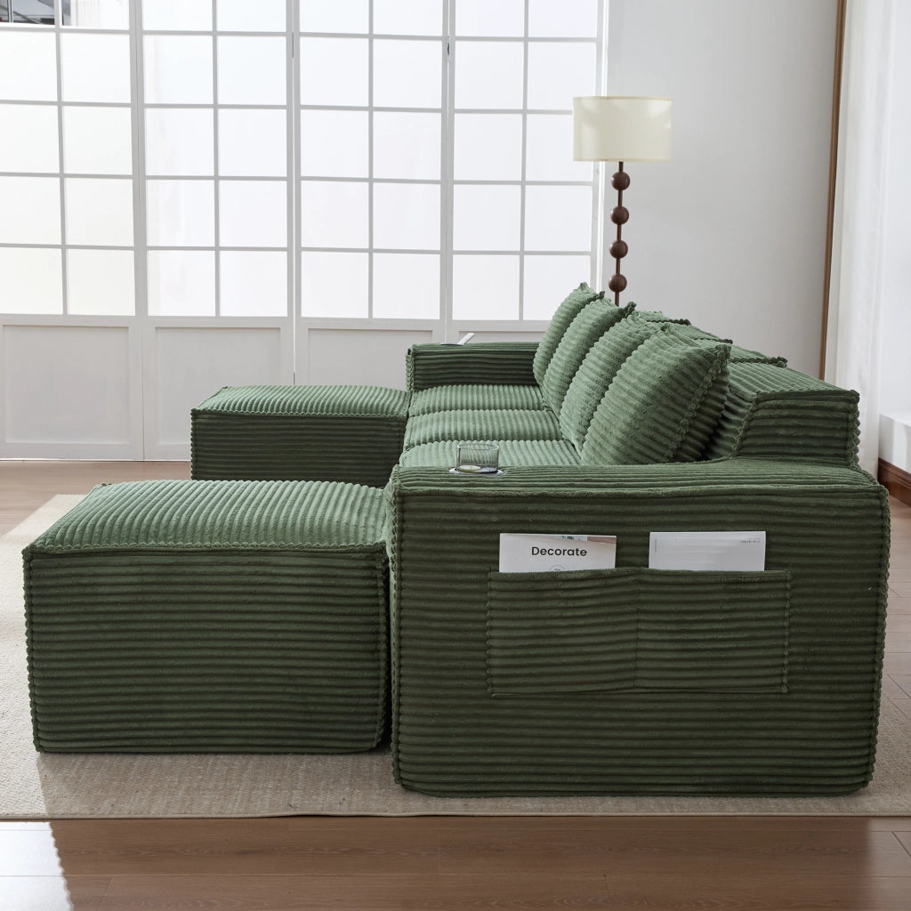 Divano modulare 4 posti con portabicchieri e tasche laterali in tessuto a coste verde 330 × 162 × 75 cm