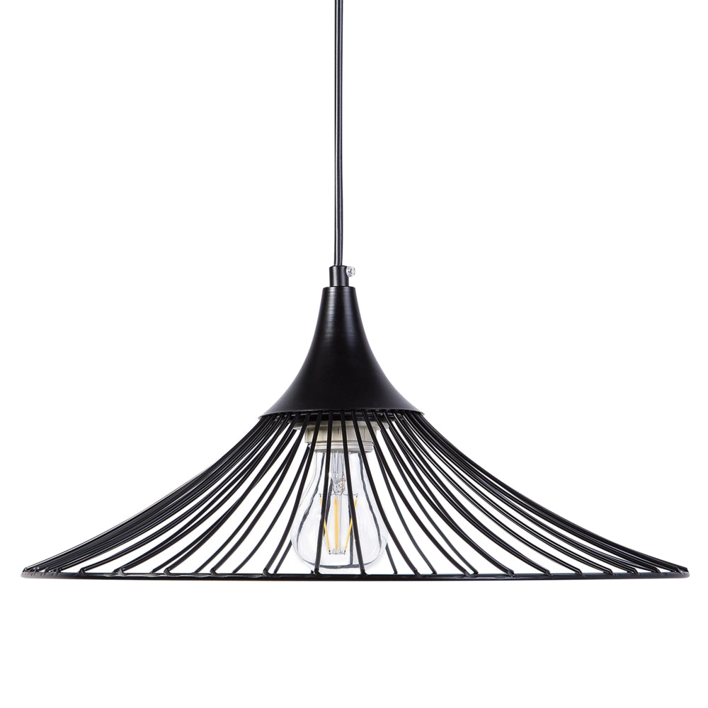 Lampadario in Metallo Nero Paralume a Imbuto con Griglia Cavo Nero