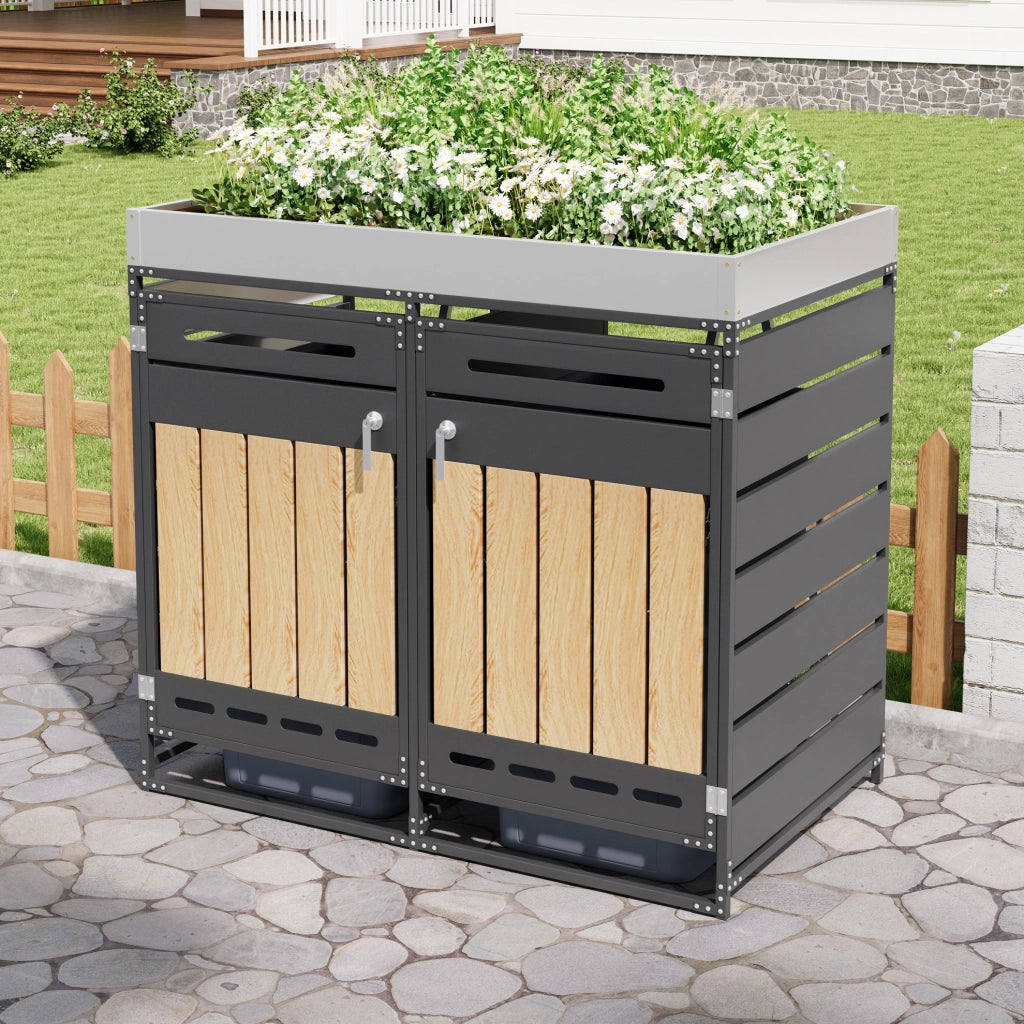 Box portapattumiere da esterno doppia in ferro nero con fioriera e serrature; 131x79x120 cm