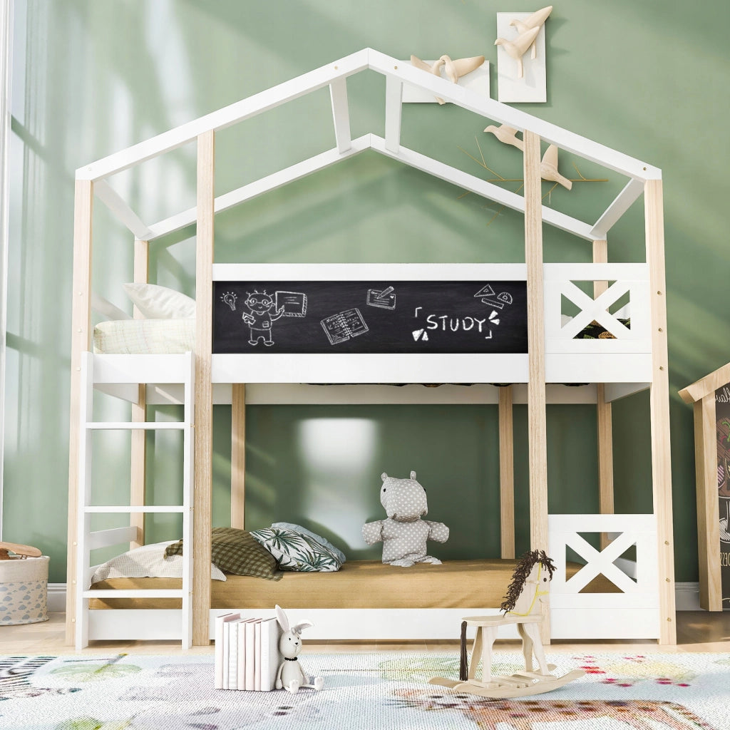 Letto a castello casa 90x200 - Xylo - Scala, 2 telai, colori naturale e bianco